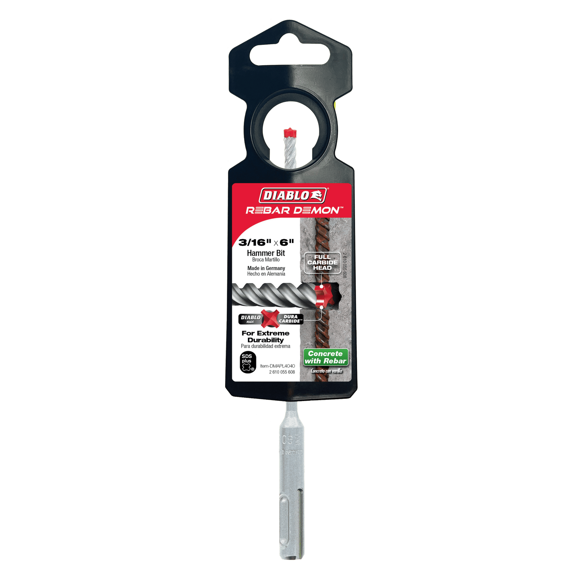 Package of a Diablo DMAPL4040 Rebar Demon™ 3/16 x 6 SDS-Plus hammer drill bit features a full carbide head for durability. The black and red packaging has a clear section displaying the bit, compatible with SDS-Plus systems.