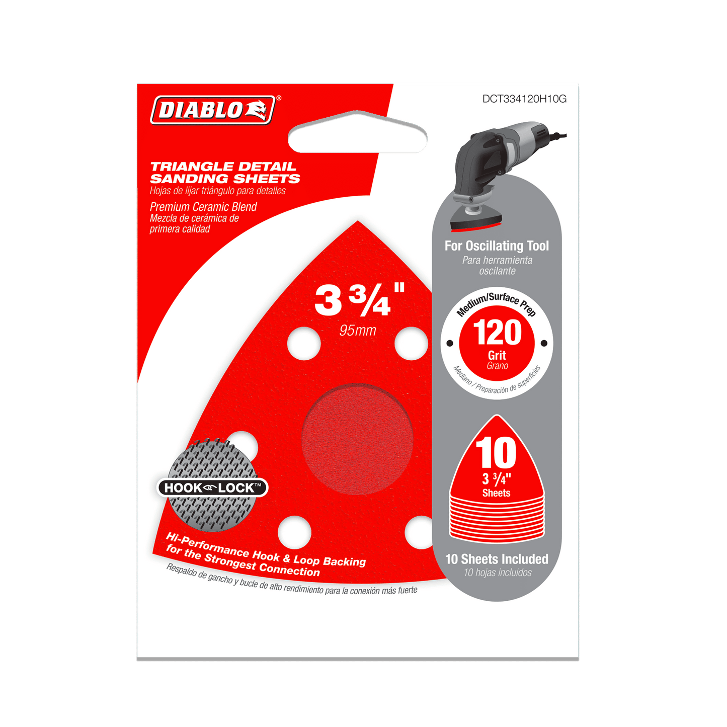 The DIABLO DCT334120H10G 3-3/4 inch 120-Grit Hook & Lock™ Triangle Detail Sanding Sheets by Diablo come in a 10-pack. These red sheets feature a premium ceramic blend with hook and loop backing. The packaging includes images of the product and oscillating tools.