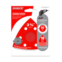 The DIABLO DCT334080H10G pack includes ten 80-grit, 3-3/4 in. triangular detail sanding sheets by Diablo, featuring red Claw-Hook™ design for tool compatibility, a premium ceramic blend, and Clog-SHIELD™ technology for fast removal and durability.