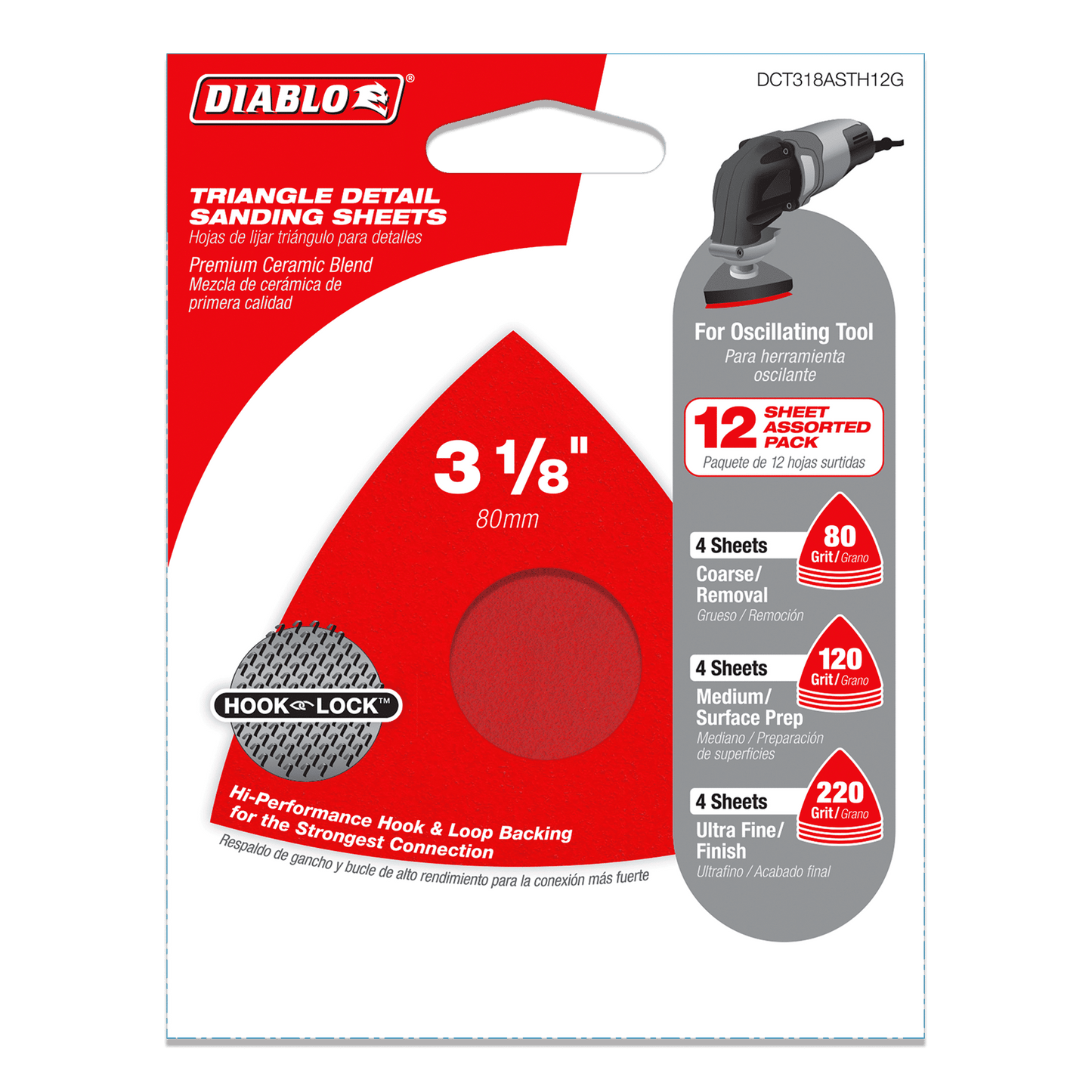 Packaging for DIABLO DCT334ASTH12G 3-3/4 in. Oscillating Triangle Detail Sanding Sheet Set, includes 12 assorted sheets: 80 Grit (4), 120 Grit (4), 220 Grit (4). Features Hook & Loop backing, premium ceramic blend, and Clog-SHIELD™ technology. Designed for oscillating tools. Brand: Diablo.