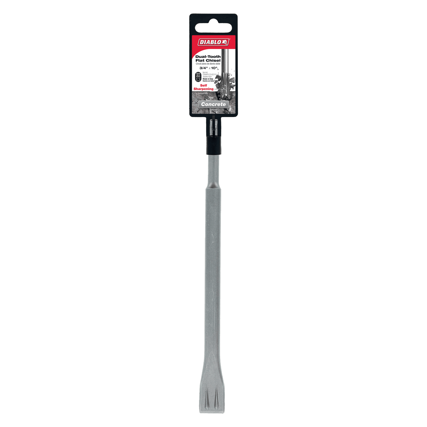 The DIABLO DMAPLCH2010 Dual-Tooth Flat Chisel, featuring a gray metal blade and black handle, is perfect for concrete work. With product details on the tool itself, it fits SDS-Plus systems and is shown on a white background.