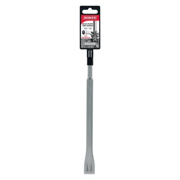 The DIABLO DMAPLCH2010 Dual-Tooth Flat Chisel, featuring a gray metal blade and black handle, is perfect for concrete work. With product details on the tool itself, it fits SDS-Plus systems and is shown on a white background.