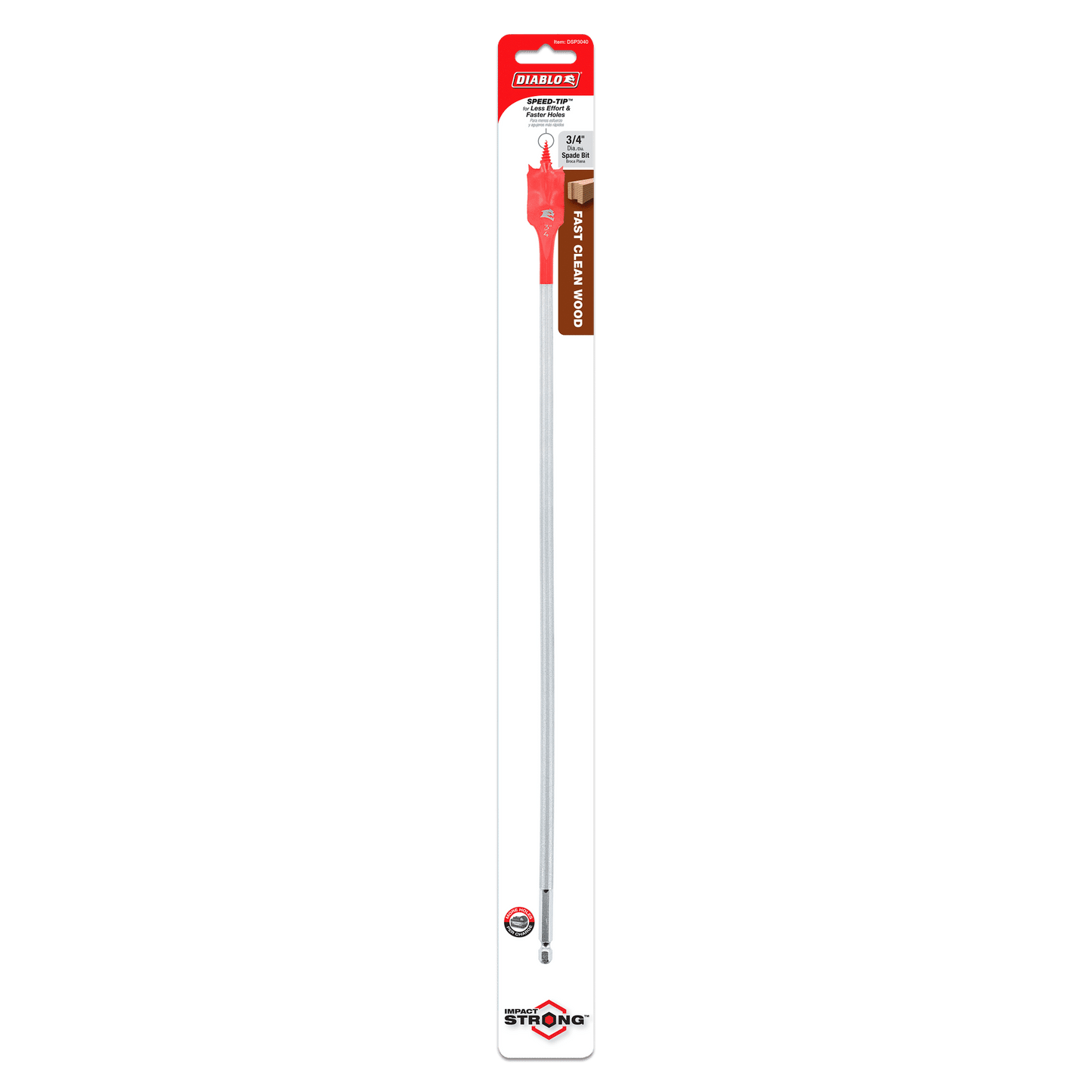 Packaging of a Diablo DSP3040 3/4 in. x 16 in. spade bit for wood featuring Impact Strong™ durability. The silver tool has red branding, encased in clear plastic against a backdrop blending red, black, and white with text highlighting product features.