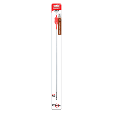 Packaging of a Diablo DSP3040 3/4 in. x 16 in. spade bit for wood featuring Impact Strong™ durability. The silver tool has red branding, encased in clear plastic against a backdrop blending red, black, and white with text highlighting product features.