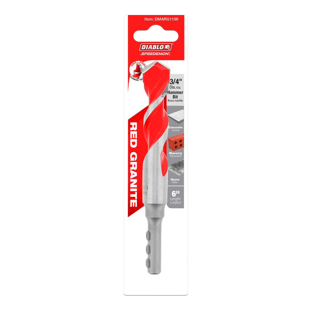 The DIABLO DMARG1190 SPEEDemon™ 3/4 in. x 4 in. x 6 in. carbide-tipped hammer drill bit by Diablo features a twisted red and silver design, ideal for drilling red granite, brick, and block with impact-strong performance.