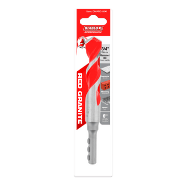 The DIABLO DMARG1190 SPEEDemon™ 3/4 in. x 4 in. x 6 in. carbide-tipped hammer drill bit by Diablo features a twisted red and silver design, ideal for drilling red granite, brick, and block with impact-strong performance.