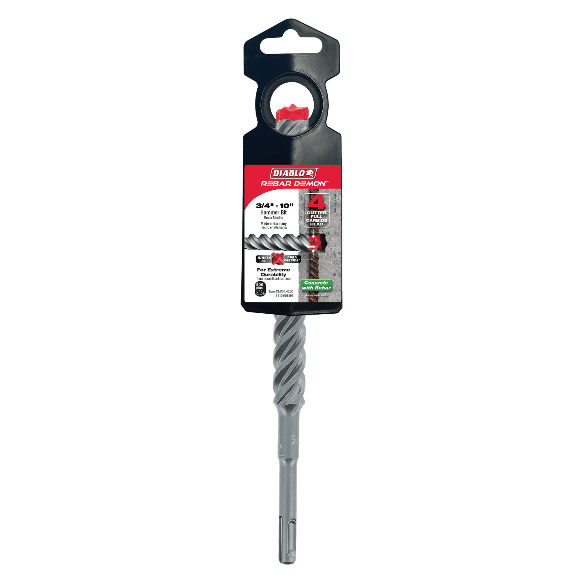 A gray 3/4 in. x 8 in. x 10 in. Diablo Rebar Demon SDS-Plus drill bit, featuring a full carbide head and four-cutter design, is set against black and red packaging designed for concrete and masonry drilling tasks.