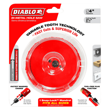 The DIABLO DHS3625 Hole Saw, with a 3-5/8 in. diameter and 2-3/8 in. depth, features a vibrant red finish and Variable Tooth Design for rapid cuts. It highlights the Snap-Lock Plus mandrel system for swift, tool-free plug ejection.