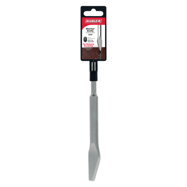 The DIABLO DMAPLCH2050 3/8 in. SDS-Plus Mortar Knife features a gray metal blade and black handle. Its angular design and precision plunge tip are perfect for accurate mortar removal tasks, highlighted in its branded Diablo packaging.