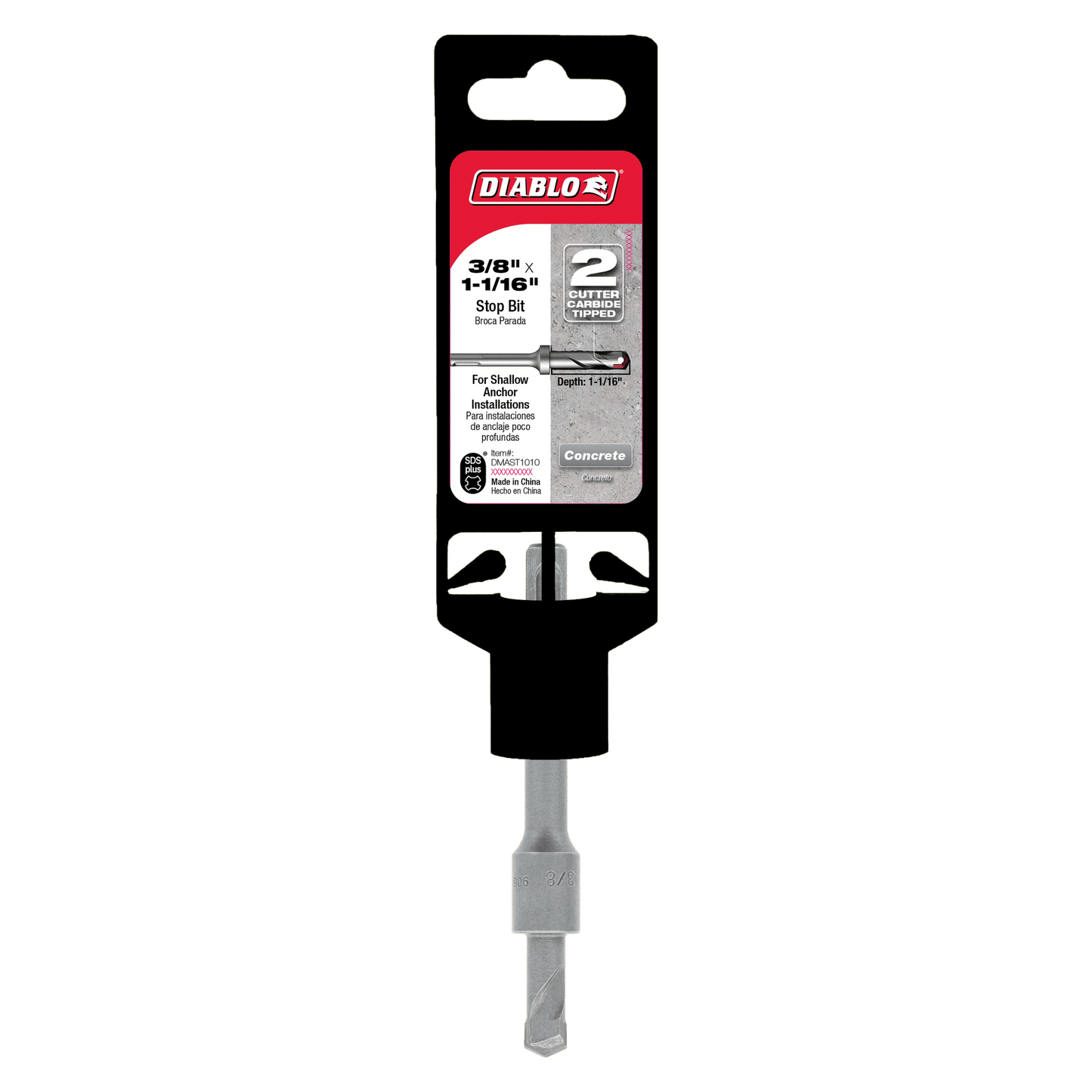 The DIABLO DMAST1010 is a 3/8 in. x 1-1/16 in. SDS-Plus 2-Cutter Carbide-Tipped Hammer Stop Bit, designed for rotary hammers and ideal for concrete surfaces. The packaging provides branding details and usage instructions, making it perfect for precision work with carbide-tipped hammer bits.