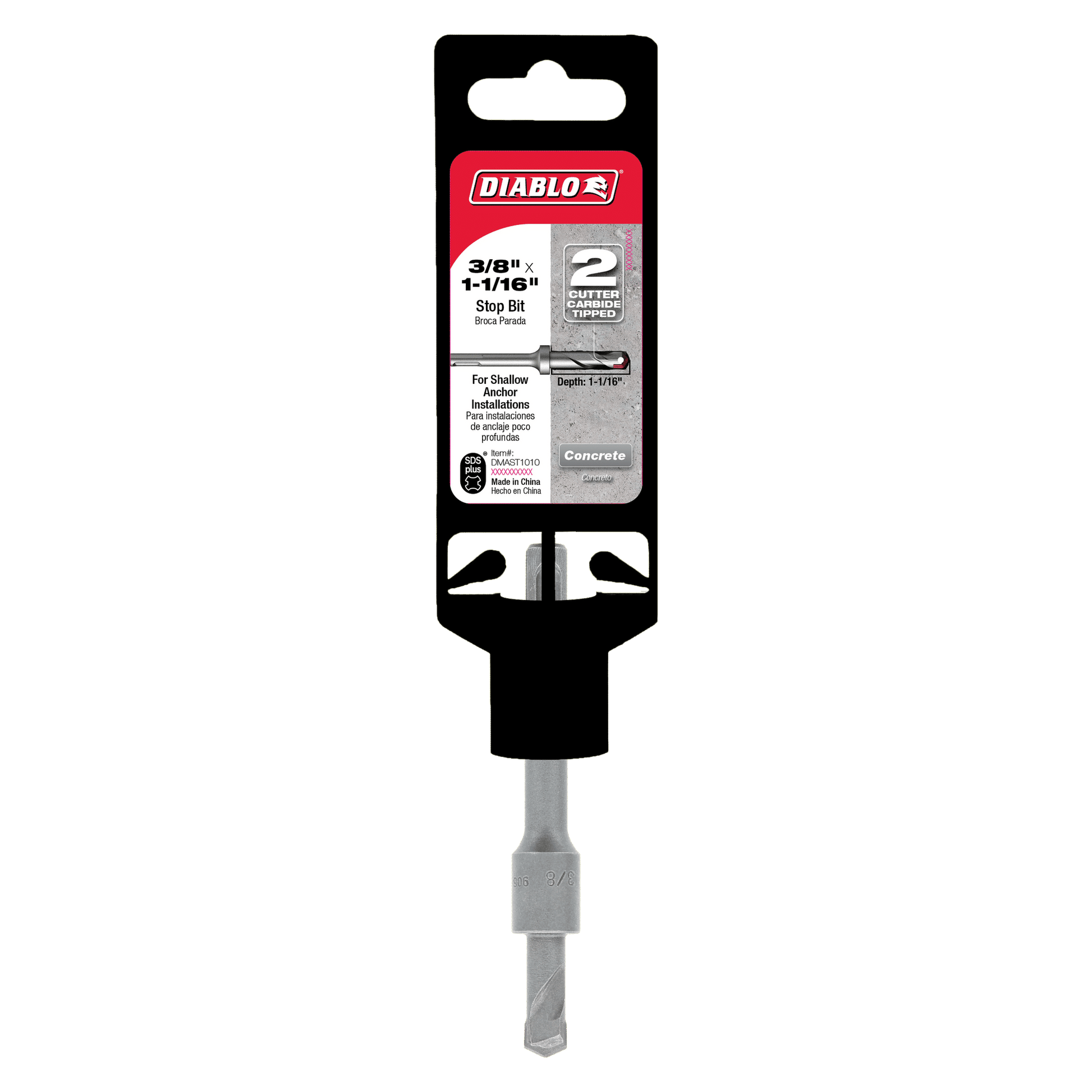 The DIABLO DMAST1010 is a 3/8 in. x 1-1/16 in. SDS-Plus 2-Cutter Carbide-Tipped Hammer Stop Bit, designed for rotary hammers and ideal for concrete surfaces. The packaging provides branding details and usage instructions, making it perfect for precision work with carbide-tipped hammer bits.