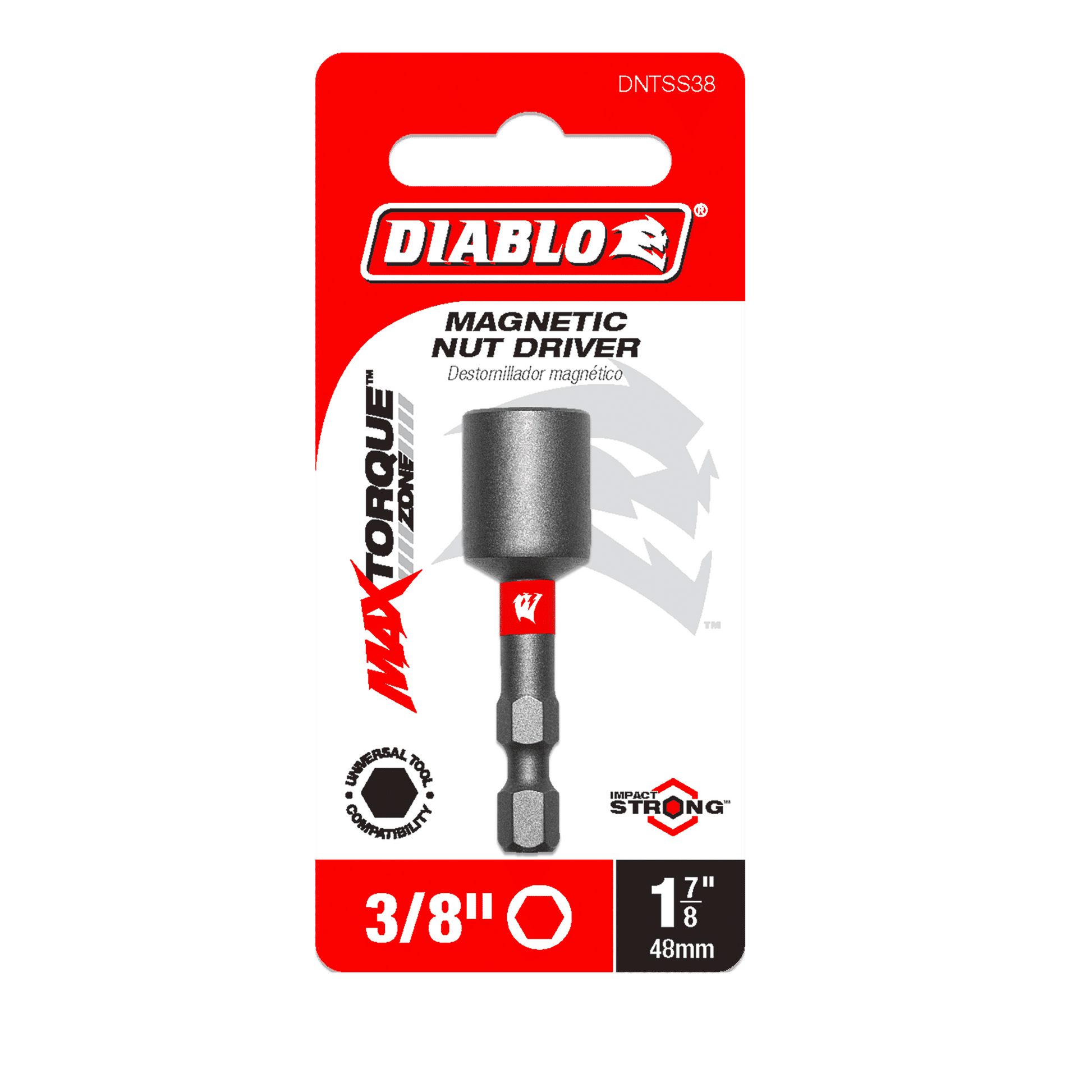 The Diablo DNTSS38 3/8 in. x 1-7/8 in. Magnetic Nut Driver packaging, showcasing MAXTORQUE and its Impact Strong™ design, comes in bold red and white with a black and red driver image.