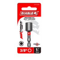 The Diablo DNTSS38 3/8 in. x 1-7/8 in. Magnetic Nut Driver packaging, showcasing MAXTORQUE and its Impact Strong™ design, comes in bold red and white with a black and red driver image.