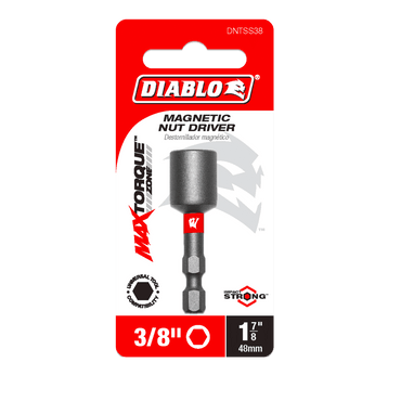 The Diablo DNTSS38 3/8 in. x 1-7/8 in. Magnetic Nut Driver packaging, showcasing MAXTORQUE and its Impact Strong™ design, comes in bold red and white with a black and red driver image.