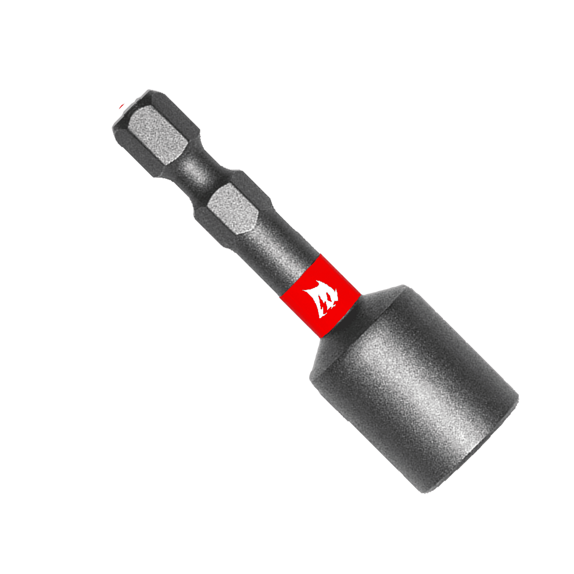 The Diablo DIABLO DNTSS38 3/8 in. x 1-7/8 in. Magnetic Nut Driver, featuring a red band and MaxTorque Zone, is designed for drills or drivers with a textured grip and hexagonal end, making it Impact Strong™. The plain green background highlights its robust design.