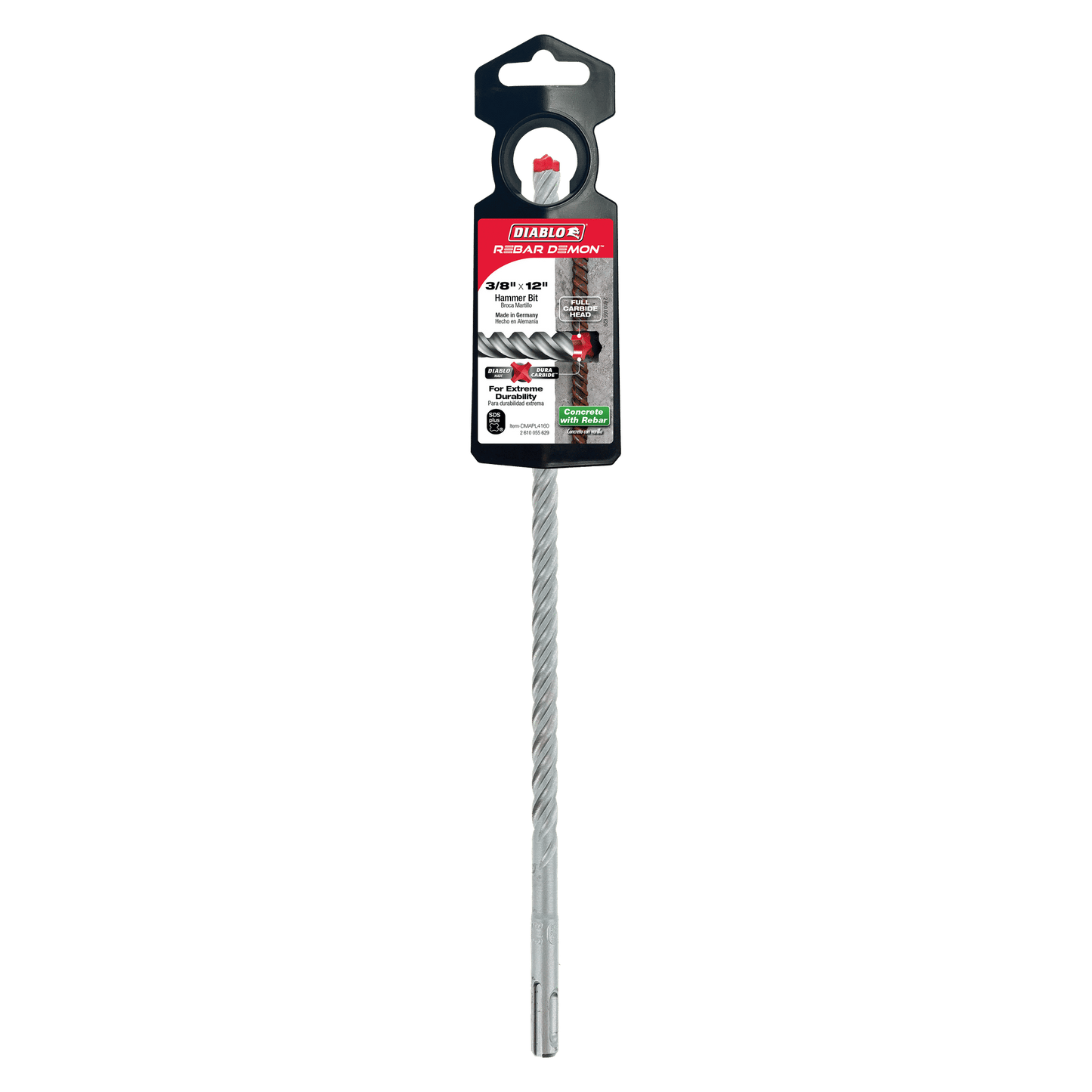 The DIABLO DMAPL4174 7/16 in. x 4 in. x 6 in. Rebar Demon™ SDS-Plus drill bit, with a long spiraled shaft, is ideal for rotary hammer drills and excels in reinforced concrete tasks. It features a branded packaging label at the top and is designed for superior SDS-Max system compatibility.