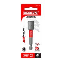 The Diablo DNTSL38 3/8 x 2-9/16 magnetic nut driver has an Impact Strong™ design for durability and a 15x longer life. The red and white packaging prominently features the MaxTorque Zone.