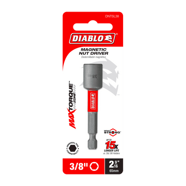 The Diablo DNTSL38 3/8 x 2-9/16 magnetic nut driver has an Impact Strong™ design for durability and a 15x longer life. The red and white packaging prominently features the MaxTorque Zone.