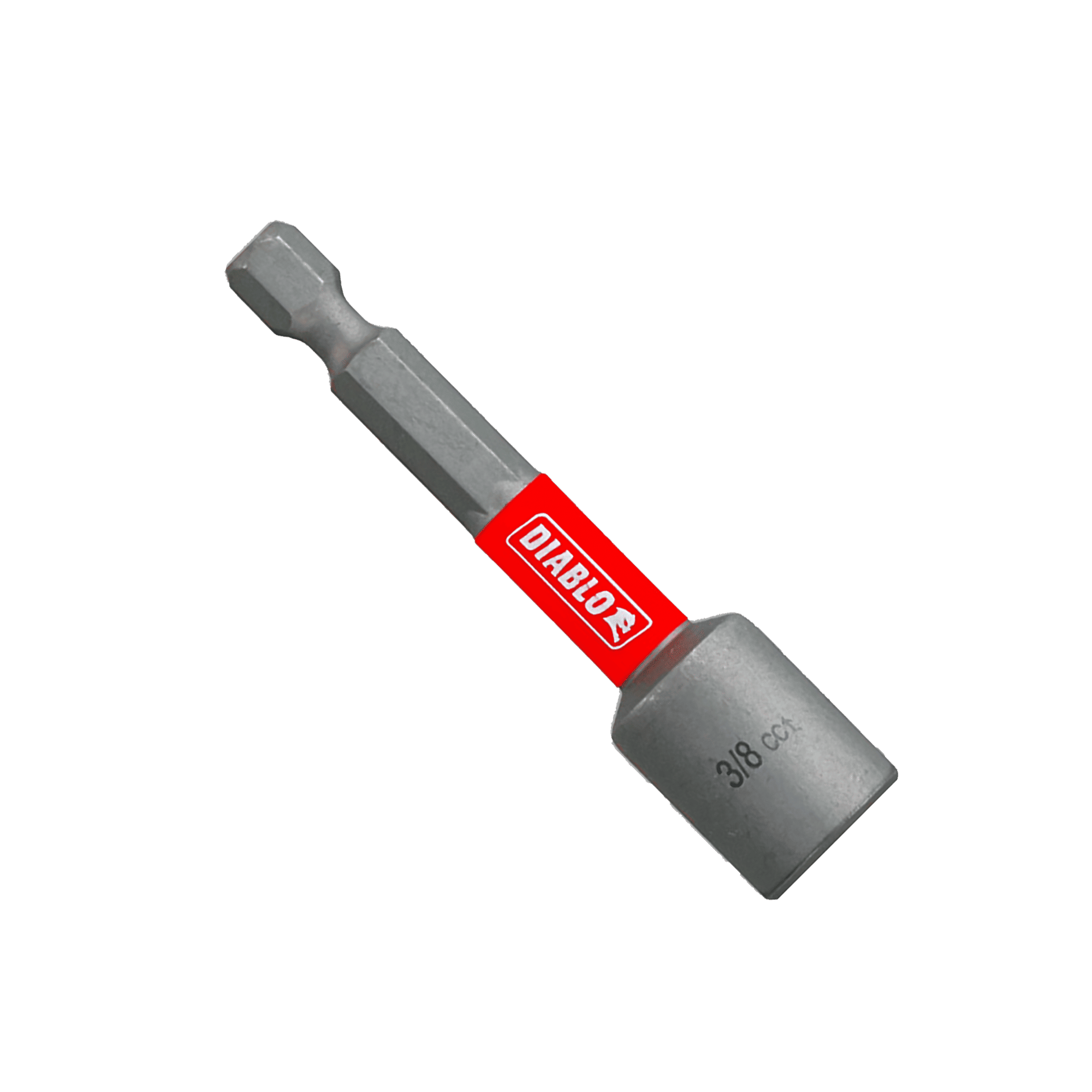 The DIABLO DNTSL38 3/8 in. x 2-9/16 in. Magnetic Nut Driver features a hex shank, red band with the Diablo logo, and Impact Strong™ technology—perfect for power drills handling nuts and bolts against a solid green backdrop.