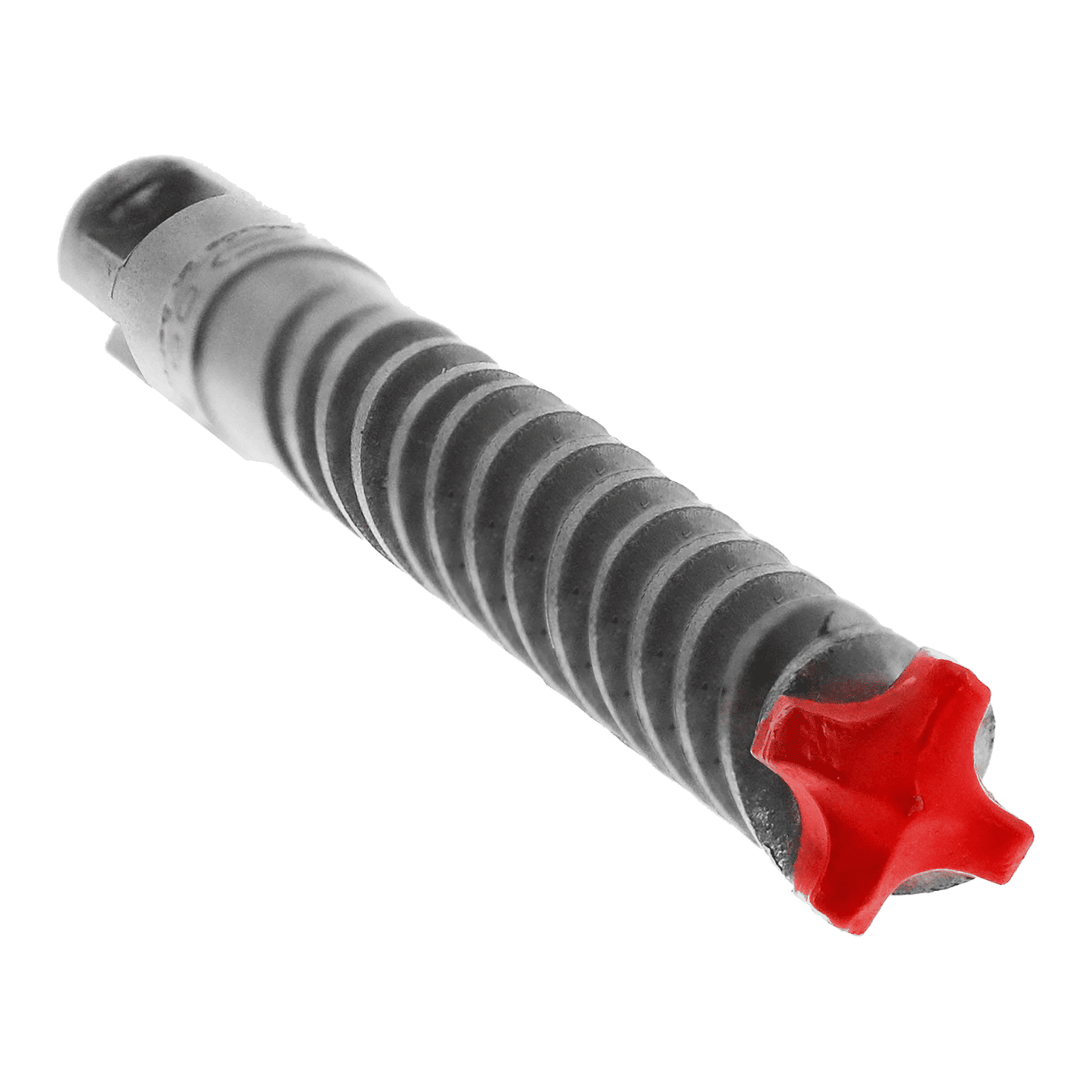 The Diablo DIABLO DMAPL4140 Rebar Demon™, a grey and black 3/8 in. x 4 in. x 6 in. SDS-Plus drill bit with a red cross-shaped tip, is designed for drilling or fastening, isolated on a white background.