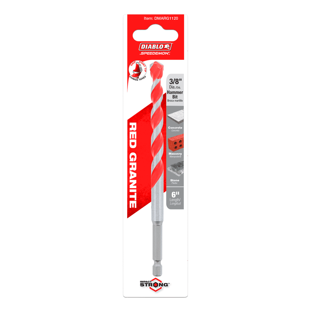 The DIABLO DMARG1120 Speedemon 3/8 in. x 6 in. hammer drill bit by Diablo features a durable carbide tip for concrete, masonry, and stone. In red and silver, its 6-inch length enhances drilling efficiency with an Impact Strong design highlighted as Red Granite.