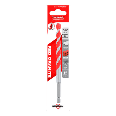 The DIABLO DMARG1120 Speedemon 3/8 in. x 6 in. hammer drill bit by Diablo features a durable carbide tip for concrete, masonry, and stone. In red and silver, its 6-inch length enhances drilling efficiency with an Impact Strong design highlighted as Red Granite.