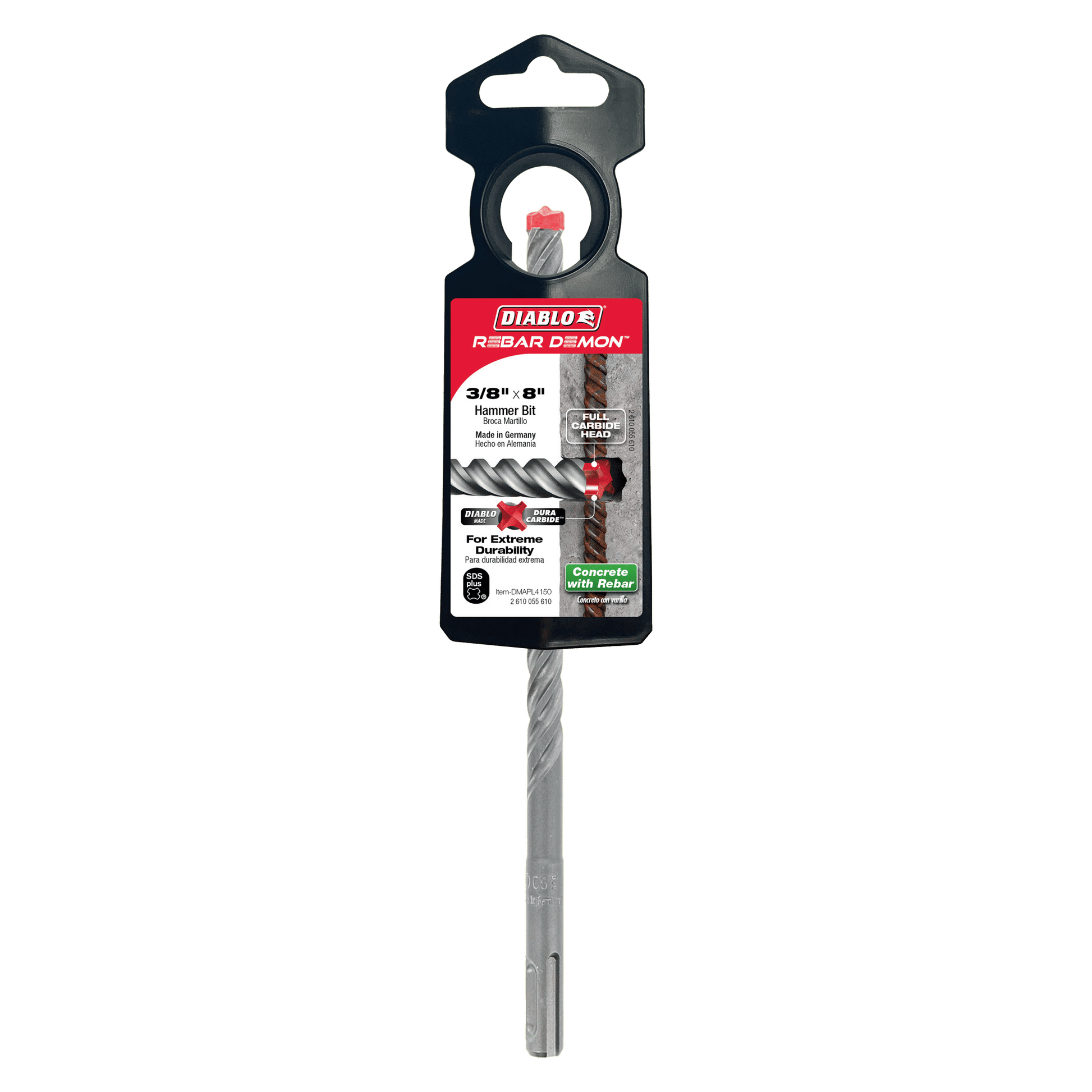 The DIABLO DMAPL4150 hammer bit packaging highlights its full-carbide head with a clear view, featuring bold red and black Diablo branding, detailed product info, and a display hole. It is compatible with SDS-Plus systems.