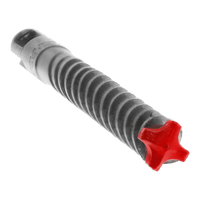 A close-up of the DIABLO DMAPL4150 Rebar Demon™ SDS-Plus drill bit by Diablo, featuring a black-and-gray spiral-grooved design with a 3/8 in. full-carbide head and red cross-shaped tip, set against a plain white background.