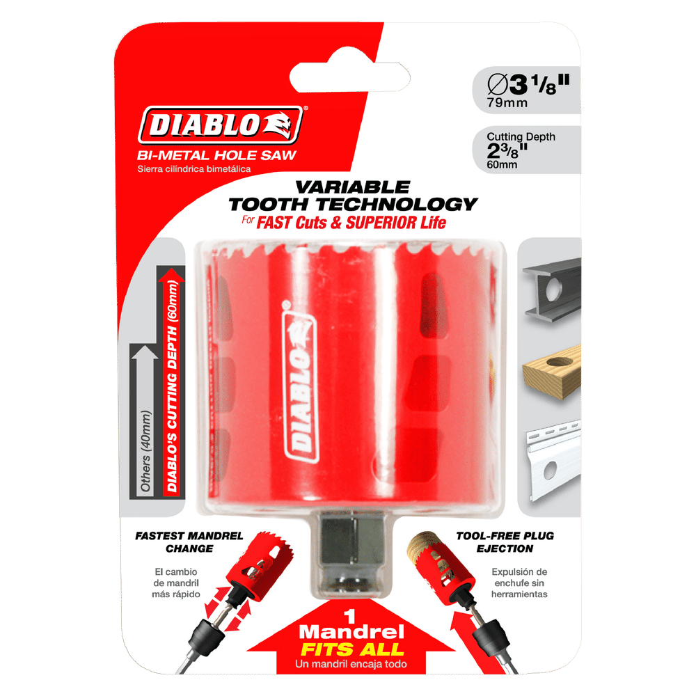 The DIABLO DHS3000 3 in. x 2-3/8 in. High Performance Hole Saw highlights its Variable Tooth Design for faster cutting, fastest mandrel change, tool-free plug ejection, and compatibility with a 79mm diameter and 60mm cutting depth.