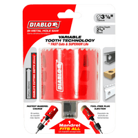 The DIABLO DHS3000 3 in. x 2-3/8 in. High Performance Hole Saw highlights its Variable Tooth Design for faster cutting, fastest mandrel change, tool-free plug ejection, and compatibility with a 79mm diameter and 60mm cutting depth.