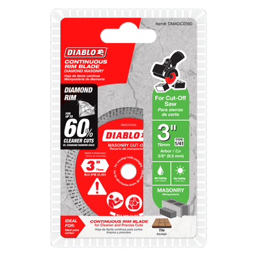 The image depicts the DIABLO DMADC0300 diamond continuous rim masonry cut-off disc by Diablo, featuring a 3-inch diameter and a 1/4-inch arbor, designed for precise cuts on tile and stone with claims of achieving 60% cleaner results.