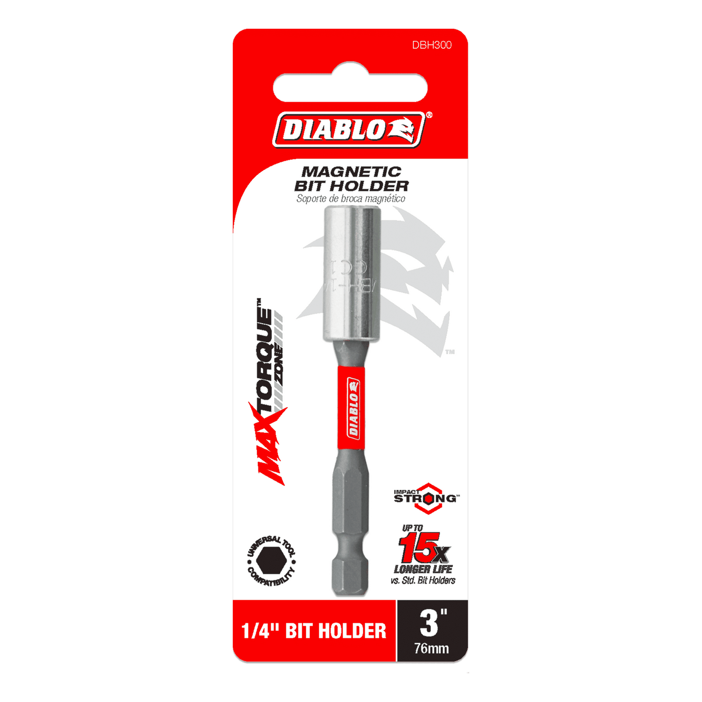 The Diablo DBH300 packaging features vibrant red and black colors with the iconic logo, highlighting its 3-inch, 1/4 Impact Strong™ magnetic bit holders 15x Longer Life due to the MaxTorque Zone. A sleek silver bit holder is prominently displayed.