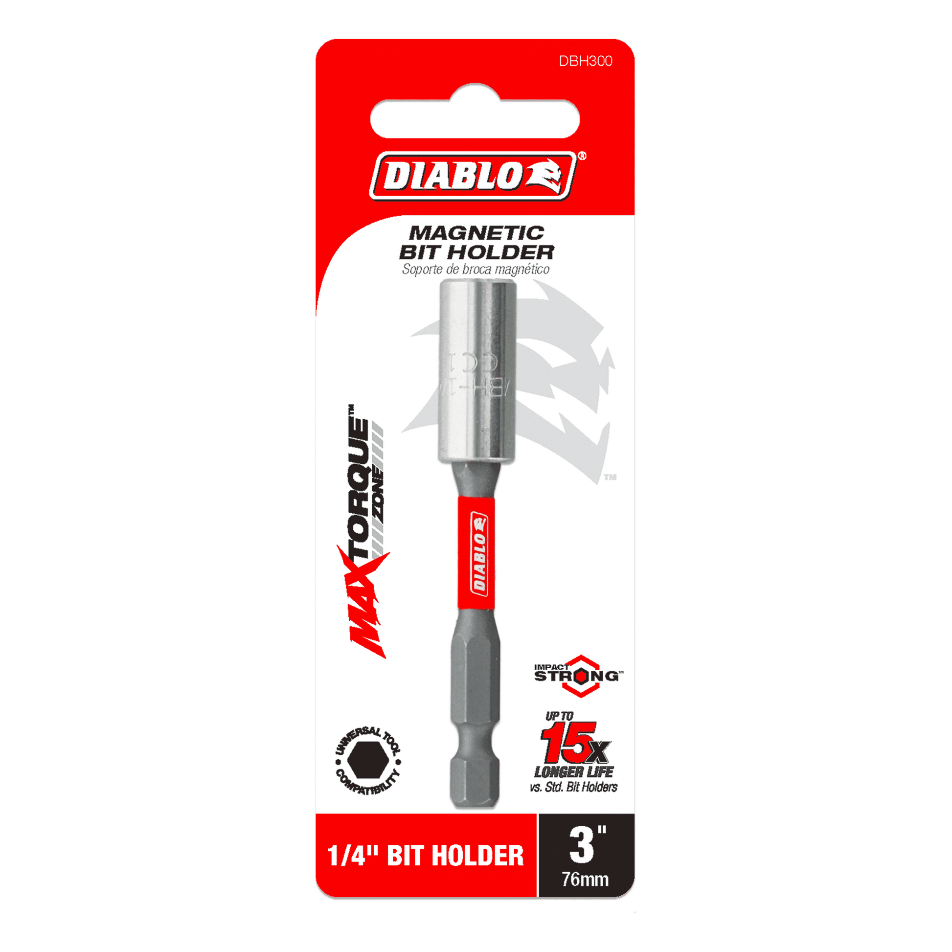 The Diablo DBH300 packaging features vibrant red and black colors with the iconic logo, highlighting its 3-inch, 1/4 Impact Strong™ magnetic bit holders 15x Longer Life due to the MaxTorque Zone. A sleek silver bit holder is prominently displayed.