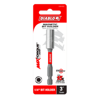 The Diablo DBH300 packaging features vibrant red and black colors with the iconic logo, highlighting its 3-inch, 1/4 Impact Strong™ magnetic bit holders 15x Longer Life due to the MaxTorque Zone. A sleek silver bit holder is prominently displayed.