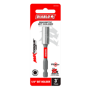 The Diablo DBH300 packaging features vibrant red and black colors with the iconic logo, highlighting its 3-inch, 1/4 Impact Strong™ magnetic bit holders 15x Longer Life due to the MaxTorque Zone. A sleek silver bit holder is prominently displayed.