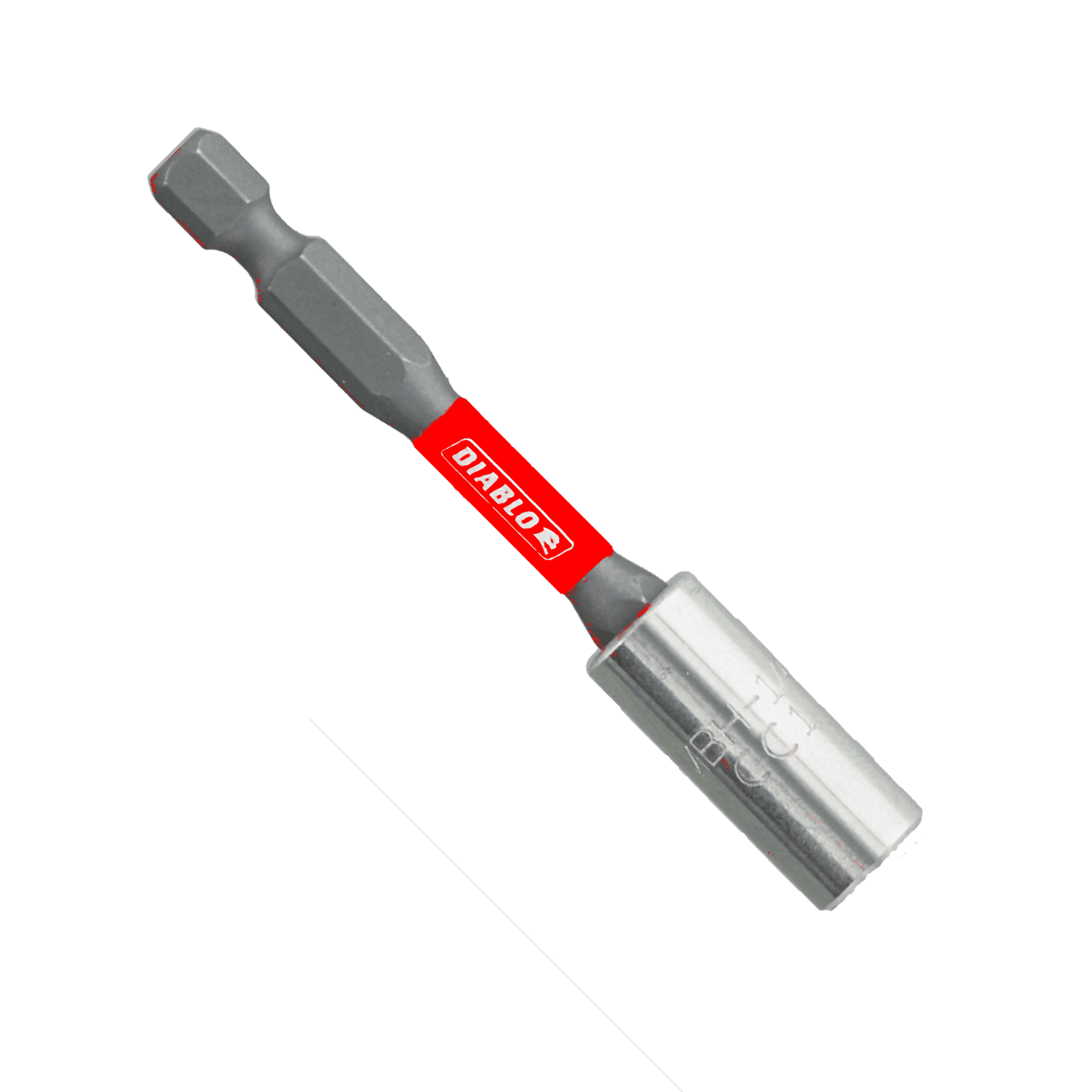 The Diablo DBH300 3 in. Magnetic Bit Holder features a red Diablo label and includes an Impact Strong™ hex base with a cylindrical tip, ideal for drilling and screwing, all on a transparent background. Pair it with magnetic drive bit holders for optimal performance.