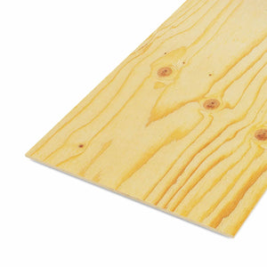 A diagonal close-up of a light-finished, rectangular wooden panel with natural grain patterns and knots, resembling CDX Agency Pine Plywood by Go Build. Ideal for home projects, the 1/2 in. x 4 ft. x 8 ft. (15/32 in.) plywood stands against a white backdrop.