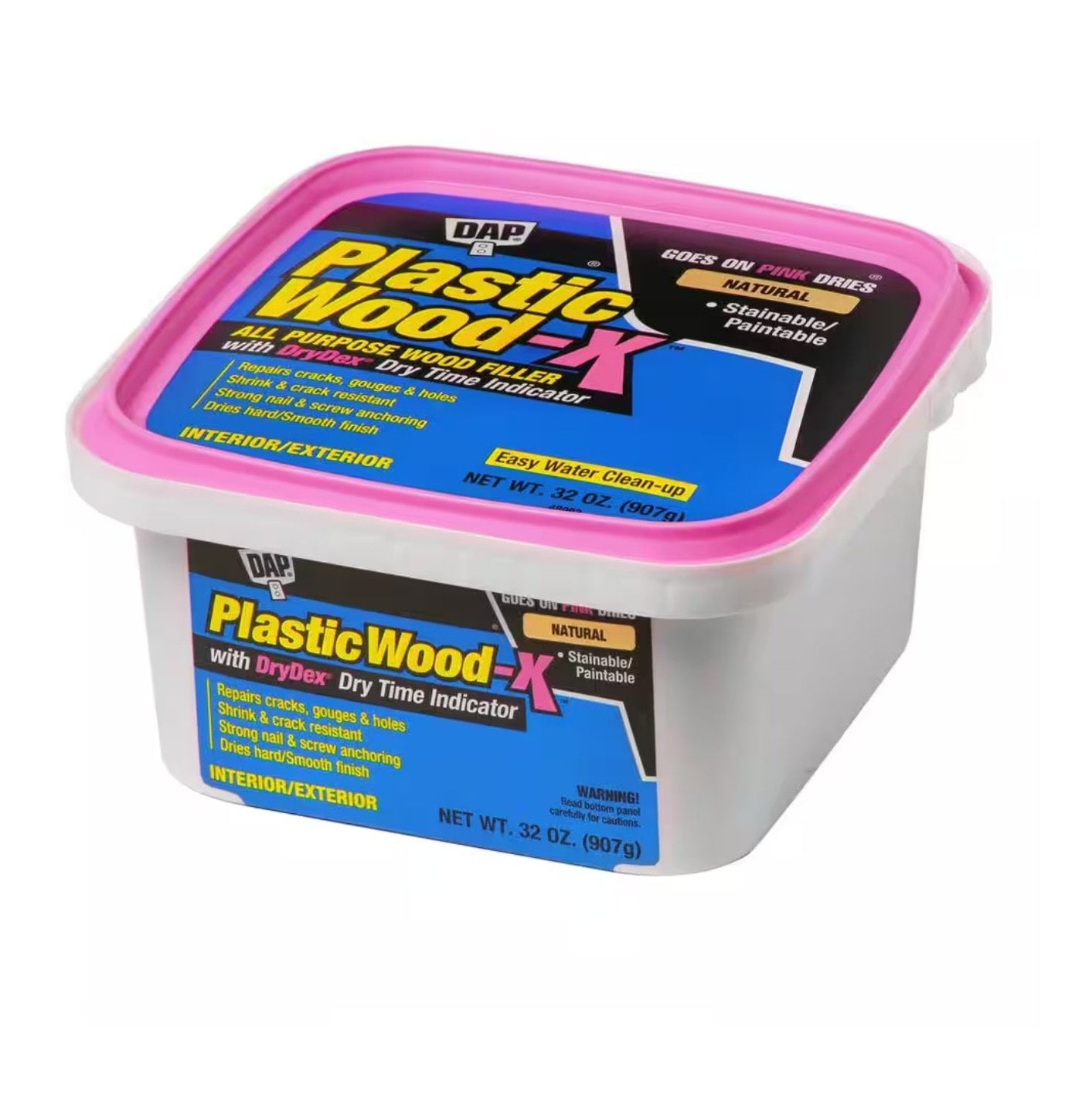 The DAP 00543 Plastic Wood-X, a 32 oz all-purpose latex filler in a pink and blue plastic container, features a DryDex Pink Indicator for application readiness. It is stainable and paintable, ideal for both interior and exterior projects.