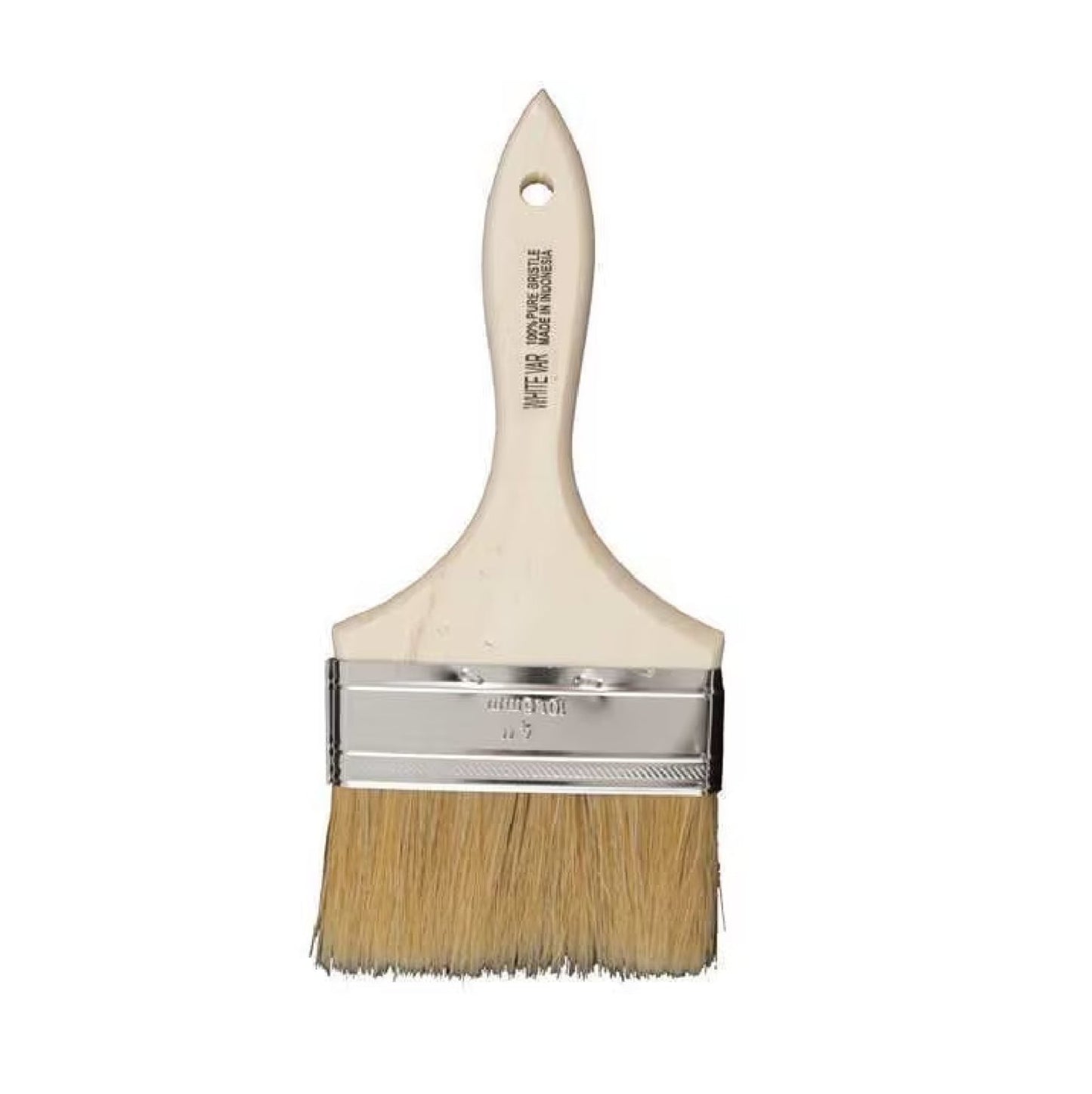 The PAINT FORCE 33040 4 in. White Bristle Chip Brush boasts beige bristles and a white plastic handle with a hanging hole. Its metal ferrule ensures secure bristle attachment, complemented by embossed text for added detail, making it perfect for any painting job.