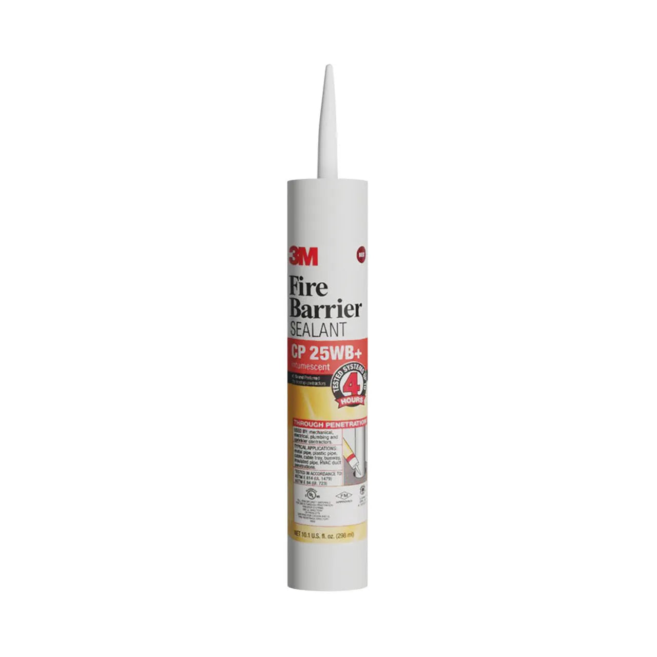 The Go Build 10.1 oz. Fire Barrier Sanded Paintable Latex Caulk CP 25 WB+ features certification symbols, indicating it is an intumescent fire caulk resistant for 4 hours, with a white nozzle and red and white label.