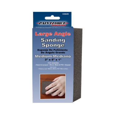 The PAINT FORCE 3 x 5 x 1 Medium Large Angle Sanding Block, ideal for precise medium sanding, features packaging with a hand using the sponge. Its perfect for smoothing paint, lacquer, metal, wood, PVC, and drywall surfaces.