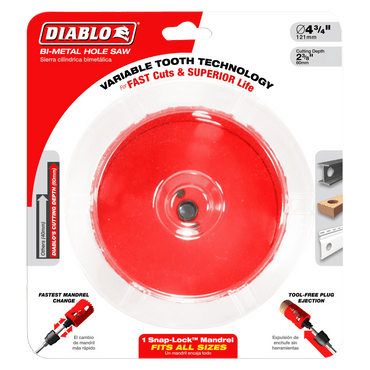 The image shows a red DIABLO DHS4500 4-1/2 in. x 2-3/8 in. high-performance hole saw package highlighting its Variable Tooth Design for faster cuts and longer life, plus the Fastest Mandrel Change and Tool-Free Plug Ejection features.