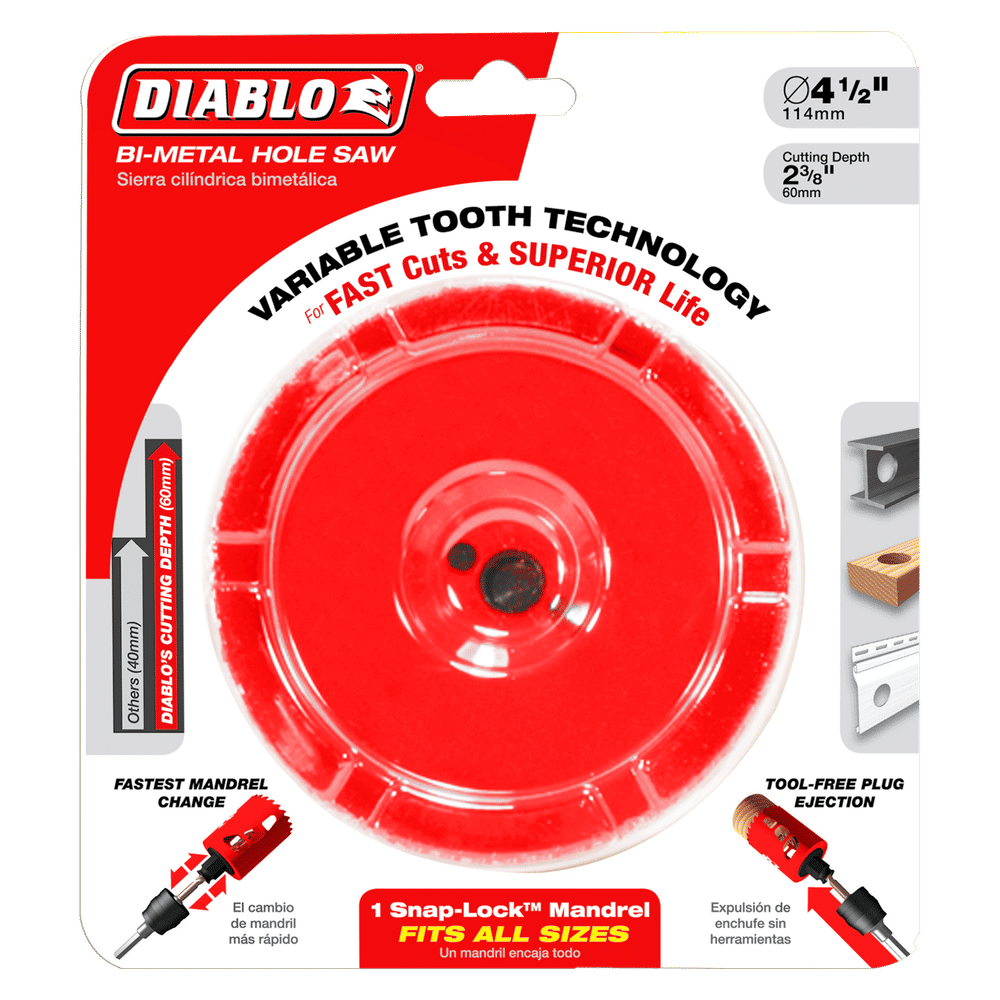 Image of the Diablo DHS4250 High Performance Hole Saw in its packaging, highlighting the innovative mandrel system for quick changes. This bi-metal saw has a variable tooth design for swift cuts and durability, with a 4-1/4 diameter, 2-3/8 cutting depth, and tool-free plug ejection.