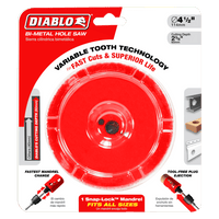 Image of the Diablo DHS4250 High Performance Hole Saw in its packaging, highlighting the innovative mandrel system for quick changes. This bi-metal saw has a variable tooth design for swift cuts and durability, with a 4-1/4 diameter, 2-3/8 cutting depth, and tool-free plug ejection.