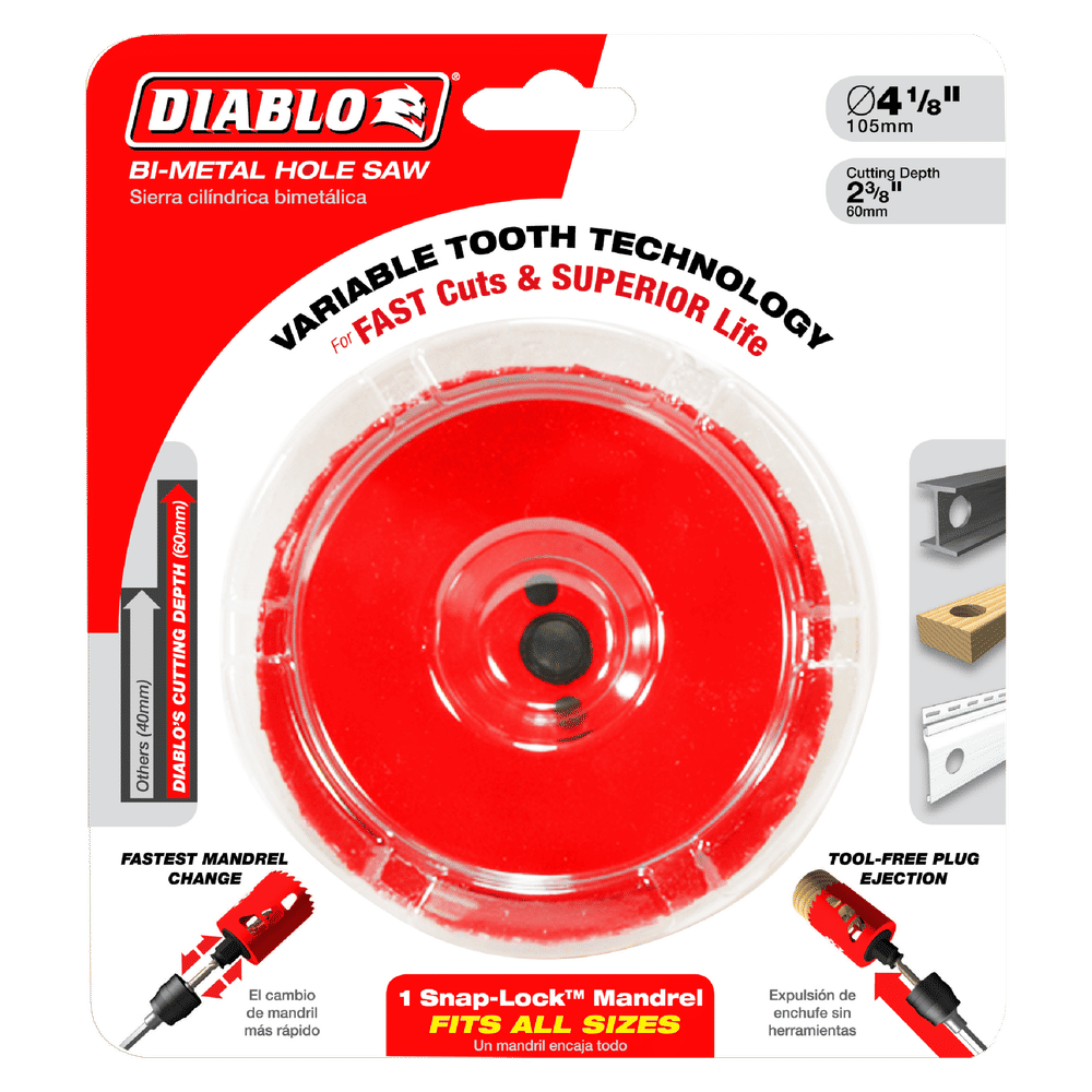 The image features a Diablo DHS4000 hole saw with innovative variable tooth design in packaging. This red, circular saw has a 4 diameter and 2-3/8 cutting depth for fast cuts and easy, tool-free plug ejection.