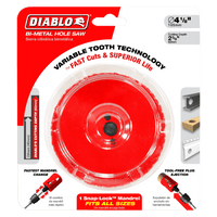 The image features a Diablo DHS4000 hole saw with innovative variable tooth design in packaging. This red, circular saw has a 4 diameter and 2-3/8 cutting depth for fast cuts and easy, tool-free plug ejection.