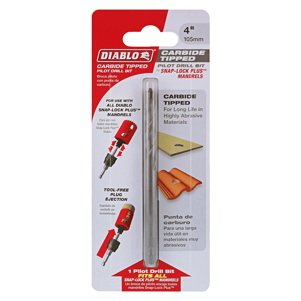 The packaging for the Diablo DHS4BITCT 4 in. carbide-tipped pilot drill bit is red and white, displaying images of its durability with abrasive materials and compatibility with Snap-Lock Plus Mandrels. Bilingual text in English and Spanish highlights its ideal use with deep cut hole saws.