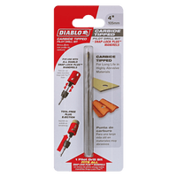 The packaging for the Diablo DHS4BITCT 4 in. carbide-tipped pilot drill bit is red and white, displaying images of its durability with abrasive materials and compatibility with Snap-Lock Plus Mandrels. Bilingual text in English and Spanish highlights its ideal use with deep cut hole saws.