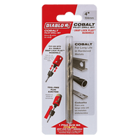 The DIABLO DHS4BITCB 4 in. Cobalt Pilot Drill Bit for Hardened Metals is packaged to highlight its compatibility with Snap-Lock Plus™ mandrels, showcasing its 4-inch length and efficiency. Instructions and benefits are prominently displayed for easy use.