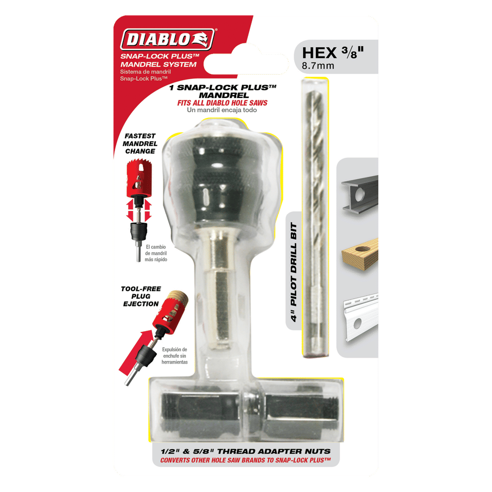 The image features the Diablo Snap-Lock Plus™ system, showcasing the DIABLO DHS4BITII 4 in. Hole Saw Pilot Bit with a 3/8 hex mandrel, adapter nut, and pilot drill bit. It highlights high-performance hole saws with tool-free plug ejection and quick-change features.